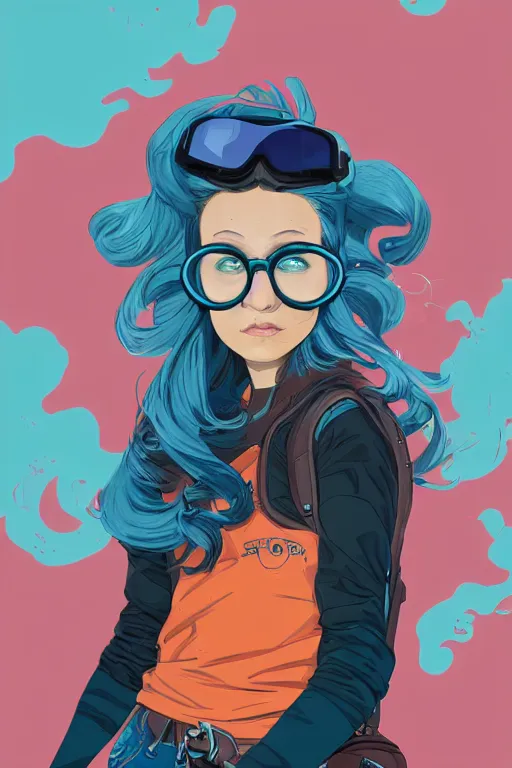 Image similar to portrait painting of a teenage girl with swept back wild blue hair, fashionable, windy, goggles, sharp focus, award - winning, cinematic pose, cinematic lighting, trending on artstation, masterpiece, highly detailed, intricate. art by josan gonzales and moebius and deathburger