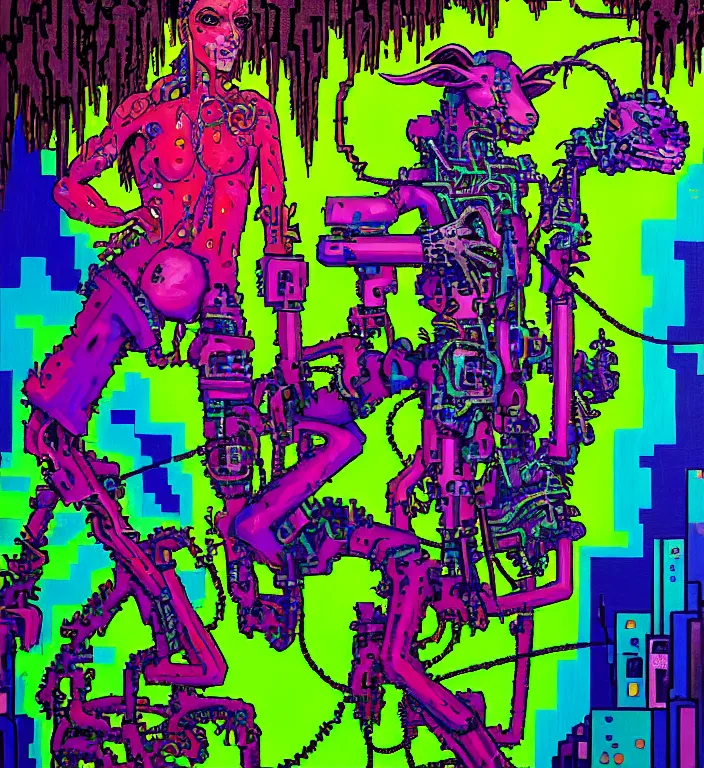 Prompt: pixelated corrupted over-saturated vivid acid neon colour professional photo, abstract expressionism thick flowing oil acrylic painting , defined colours anime fine details image of a fully clothed punk cyborg-person in the cyberpunk forest with a goat and a robot by Ivan Bilibin, Austin Osman Spare, high quality, ultra detailed. Beksinski painting, anime masterpiece by Studio Ghibli. 8k, sharp high quality classic anime from 1990 in style of Hayao Miyazaki . art by Takato Yamamoto. masterpiece, oil on canvas painting, pixelart, pixel sorting, datamosh, glitch. baroque element. intricate artwork by caravaggio. Oil painting. 3d rendered in octane. cinematic, pixiv, unreal5, 8k. by H.R Giger, by Ayami Kojima, Amano, Karol Bak, Greg Hildebrandt, and Mark Brooks, Neo-Gothic, gothic, rich deep colors. masterpiece, intricate artwork by Tooth Wu and wlop and beeple, greg rutkowski. still from a 2021 movie by Terrence Malick, Tarkovsky, Gaspar Noe, James Cameron,