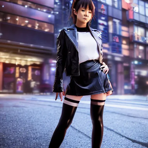 Image similar to a dynamic, epic cinematic 8K HD movie shot of a japanese young J-Pop idol girl wearing leather jacket, miniskirt, nylon tights and high heels boots. Motion, VFX, Inspirational arthouse