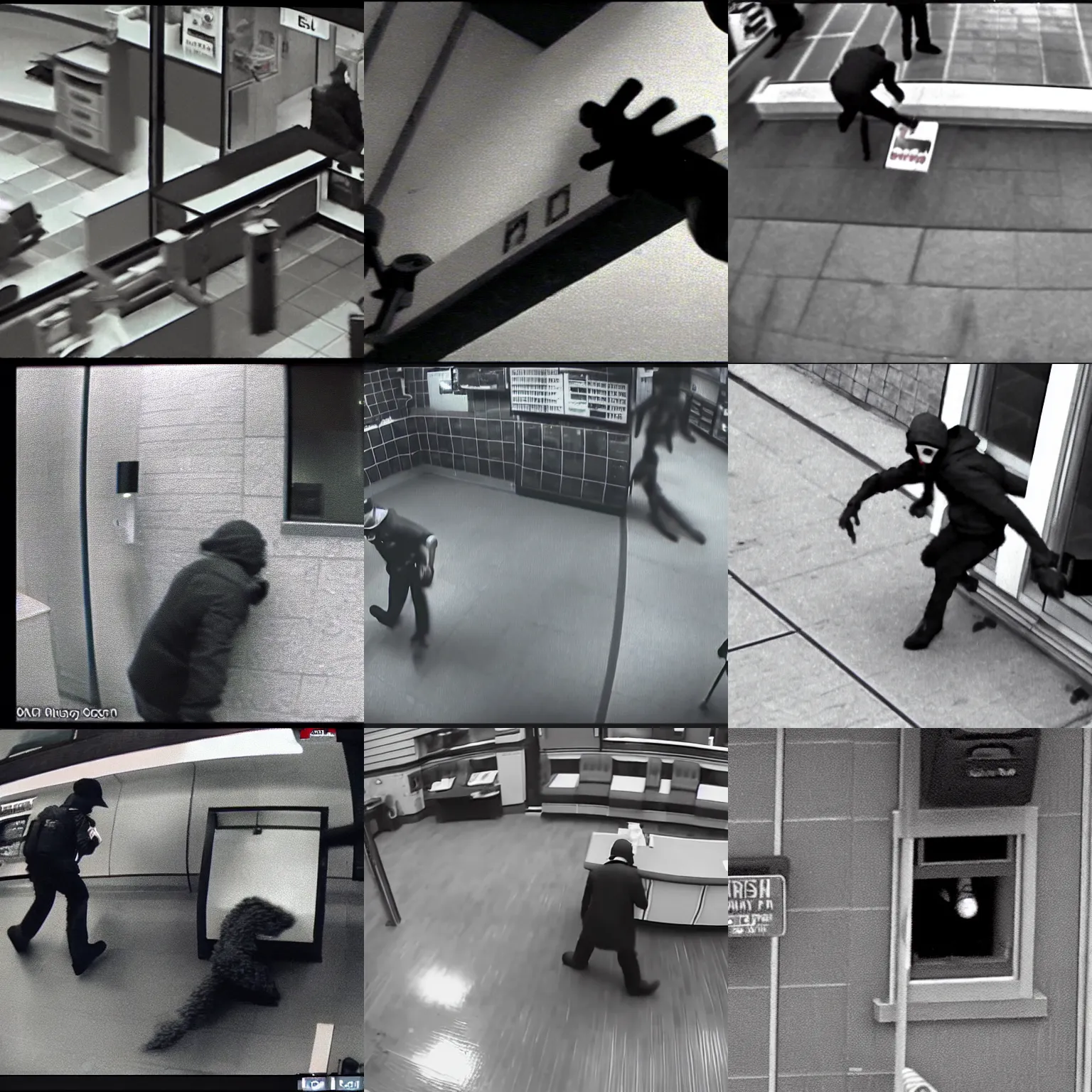 Prompt: security cam footage of an eldritch creature robbing a bank