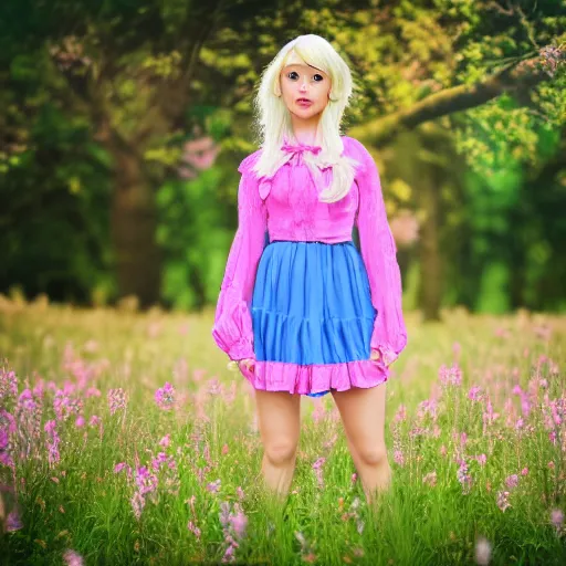 Image similar to A performance art of a young girl with blonde hair, blue eyes, and a pink dress. She is standing in a meadow with flowers and trees. raytracing, lawn green by Sailor Moon gloomy