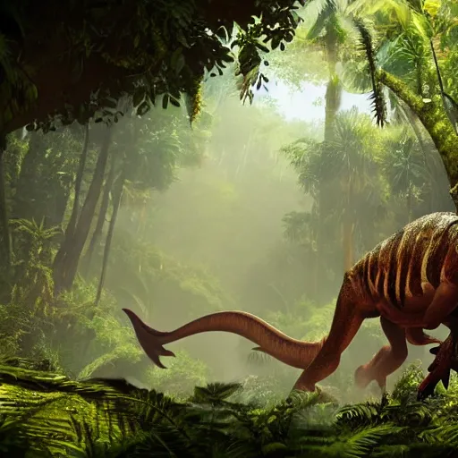 Prompt: realistic dinosaur walking through a jungle, atmosperic, dramatic lighting, trending on artstation, ark survival evolved