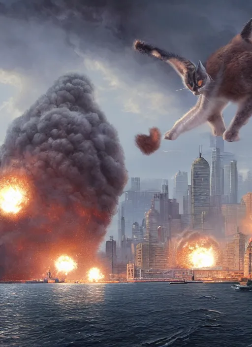 Image similar to hyper realistic giant fluffy caracal attacking moscow city harbor explosions, atmospheric beautiful details, strong composition painted by kim jung giu weta studio rutkowski, james gurney and greg rutkowski, and lucasfilm