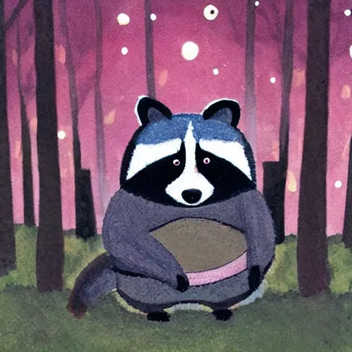 Image similar to a chubby raccoon, in forest, at night