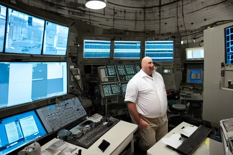 Image similar to heavyset bald man wearing a white shortsleeved shirt and blue jeans working in a nuclear silo control room by Emmanuel Lubezki