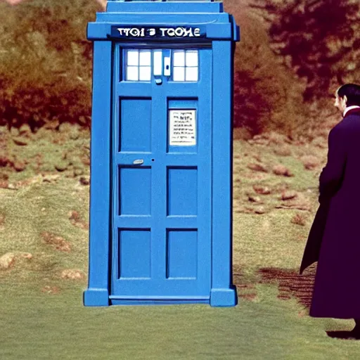 Prompt: color photo of mr spock exiting the tardis