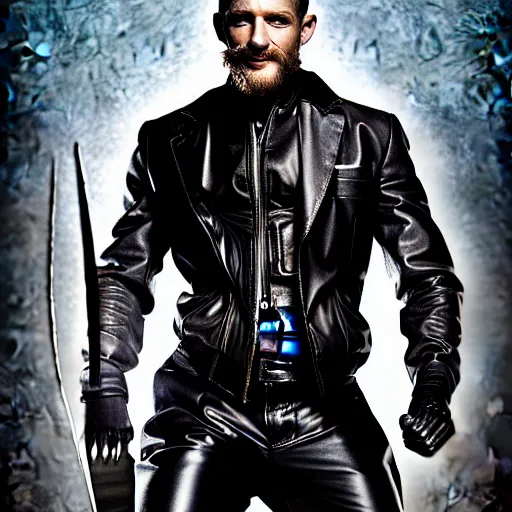 Image similar to Tom Hardy as wolverine in Black Damaged leather suit Digital art 4K quality