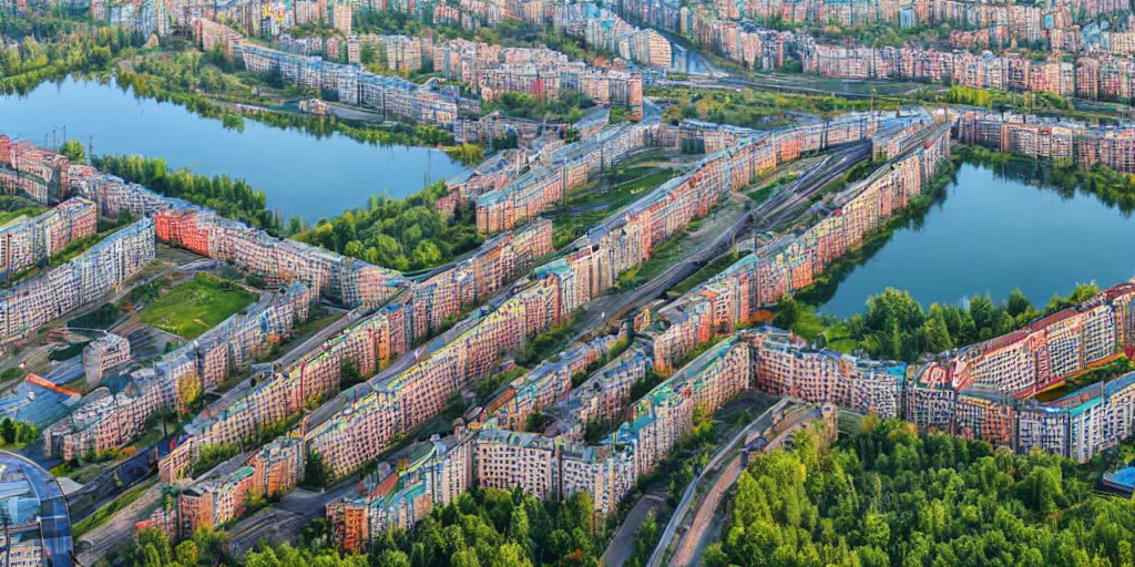 Prompt: bird's eye view photograph of a low income highrise Russian city, apartments, train station, pond, wide roads