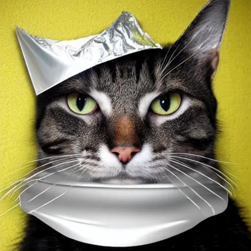 Prompt: cat conspiracy theorist, wearing tin foil hat