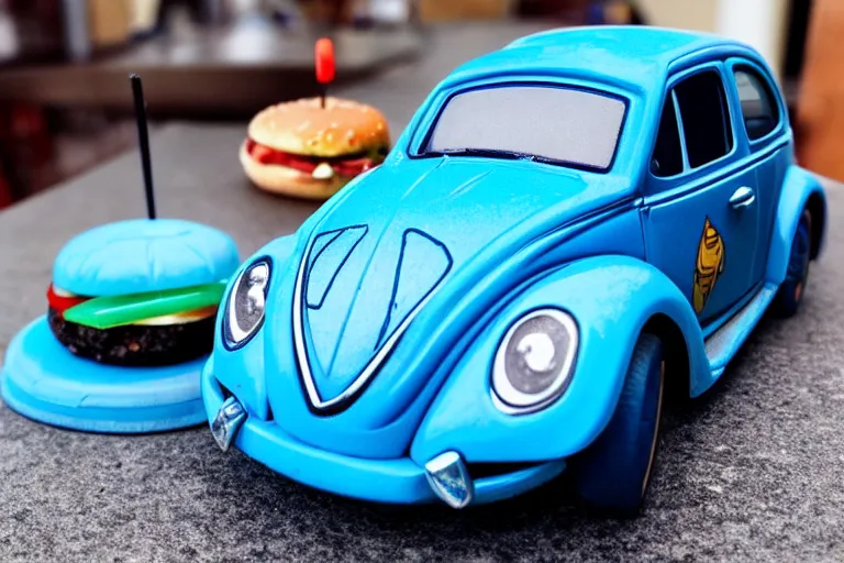 Image similar to a blue beetle car, with burgers for wheel rims