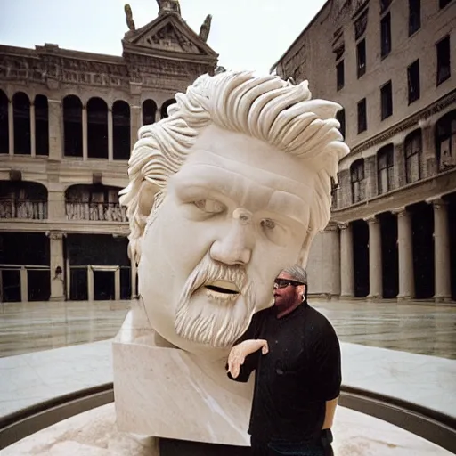 Prompt: A monumental, 10 feet tall marble sculpture en plein-pied of Guy Fieri, in the middle of a rainy courtyard, natural overcast lighting, museum catalog photography, F 2.8, 85mm Velvia 100, high DOF