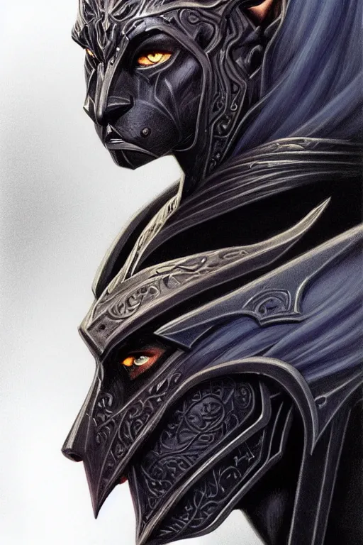 Image similar to head and shoulders portrait of an eldrich knight, drow, dark elf, shadar kai, armored, magical, male, black cat familiar, high fantasy, d & d, by boris vallejo, face details, extremely detailed, digital illustration