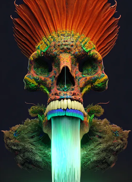 Image similar to 3 d shaman profile portrait, sigma 5 0 0 mm f / 5. beautiful intricate highly detailed quetzalcoatl skull and feathers. bioluminescent, plasma, lava, ice, water, wind, creature, thunderstorm! artwork by tooth wu and wlop and beeple and greg rutkowski, 8 k trending on artstation,