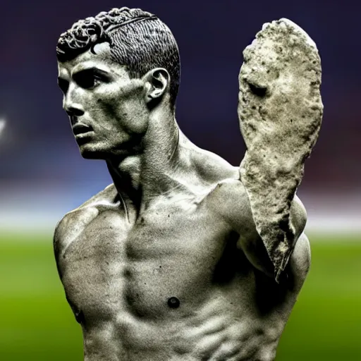 Prompt: A ancient stone bust of Cristiano Ronaldo is found raising time-travel concerns