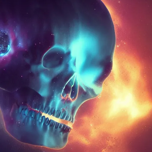 Prompt: dramatic render of a dissolving skull flying through a space nebula, cgsociety, artstation, 4k
