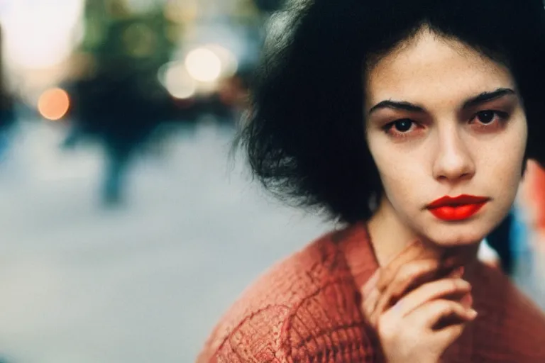 Image similar to 7 0 s street photography, close - up portrait, light shining on model lips, soft light, no focus