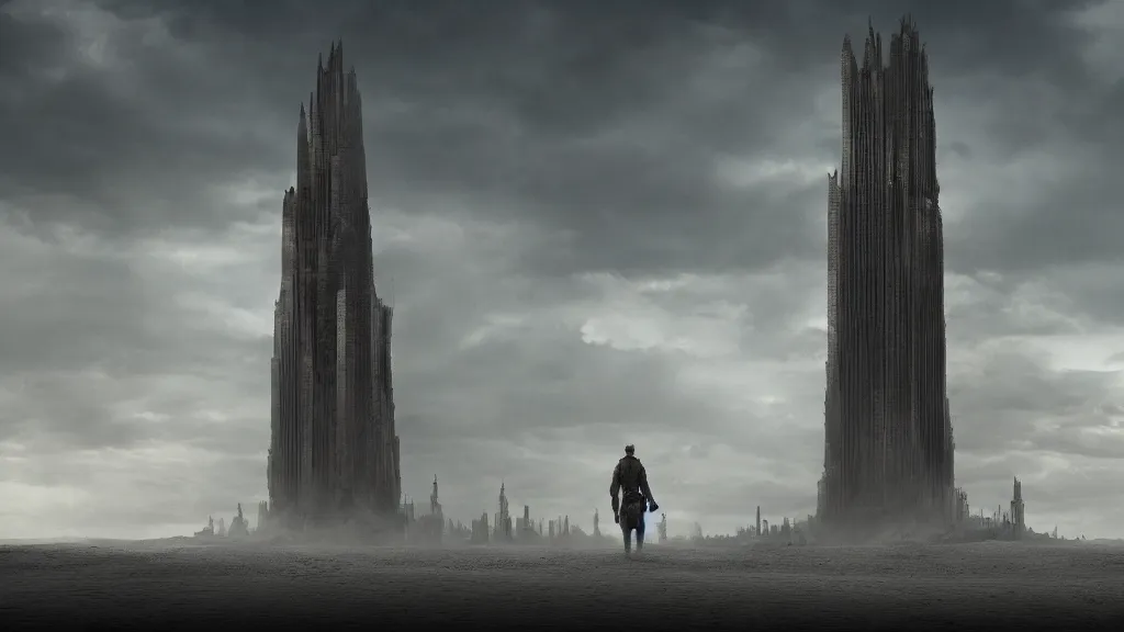 Prompt: patrick j. jones. rutkowski. the last tower. sand. lonely. imposing. 3 8 4 0 x 2 1 6 0