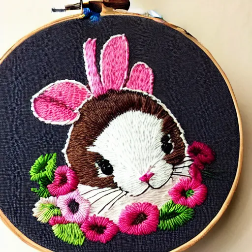 Prompt: adorable skilled intricate hand embroidery of a cute bunny