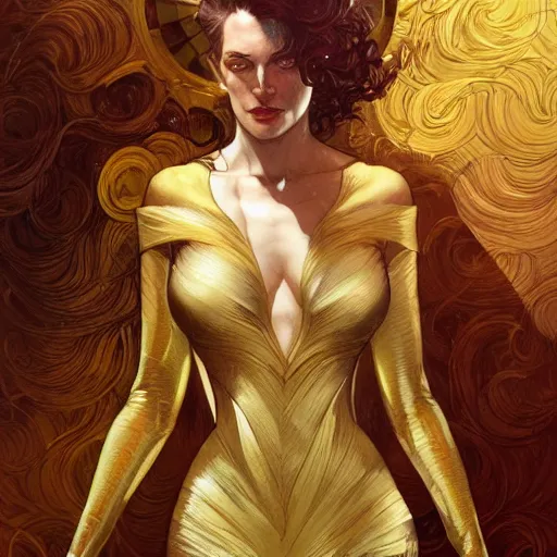 Image similar to Sandman with a gold suit, portrait, intricate, elegant, highly detailed, digital painting, artstation, concept art, smooth, sharp focus, illustration, art by artgerm and greg rutkowski and alphonse mucha