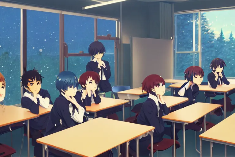 boy's love anime modern high school classroom in, Stable Diffusion