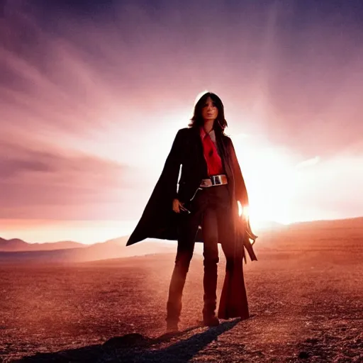 Image similar to gemma chan stars in a gunslinger spaghetti western, movie still, dramatic lighting, atmospheric dust, sunset