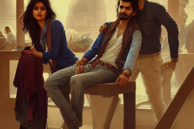 Image similar to Sensual good looking pale young Indian doctors wearing jeans in an airport, portrait, elegant, intricate, digital painting, artstation, concept art, smooth, sharp focus, illustration, art by artgerm and greg rutkowski and alphonse mucha