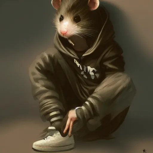 Prompt: Anthropomorphic emo rat boy wearing a hoodie resting on the floor, trending on artstation, ultra detailed, 8k, character illustration by Greg Rutkowski, Thomas Kinkade.