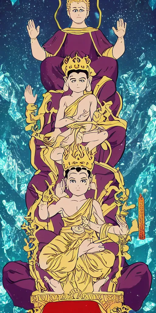 Prompt: buddha sitting on a throne of ice drawn by studio trigger, in the style of Little Witch Academia, spiritual enlightenment, tarot card, Tarot card the Hierophant