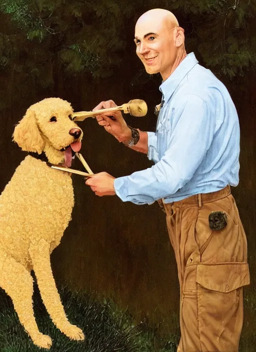 Prompt: a bald white man, slim, wearing plumber uniform, norman rockwell painting, holding a golden doodle puppy