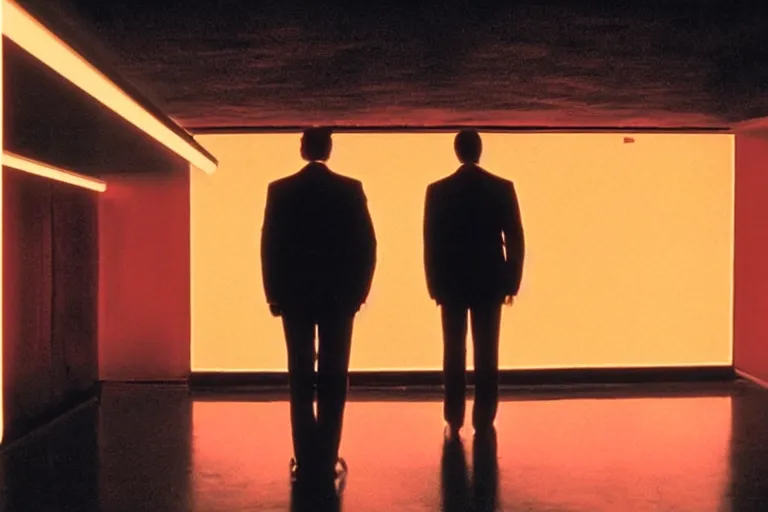 Image similar to back view of a man facing an audience at the atmospheric and obscure, red neon light, by roger deakins, cinematography, syd mead