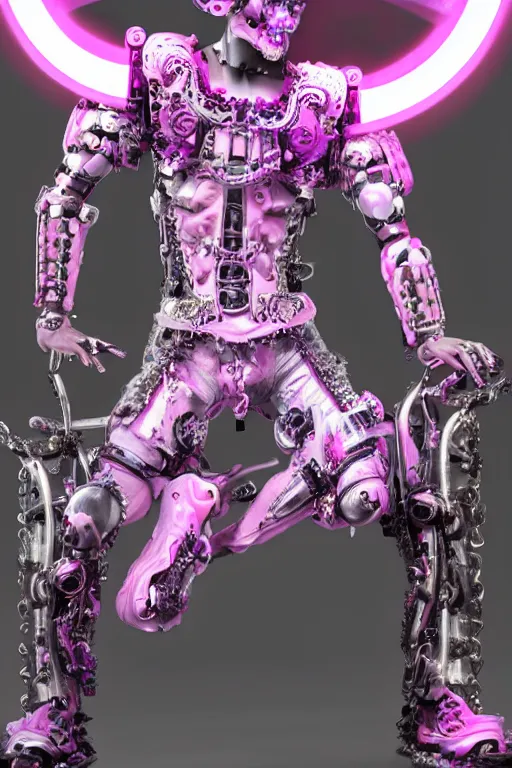 Image similar to full-body rococo and cyberpunk style neon statue of a muscular attractive Joe Jonas macho dotado e rico android sim roupa reclining con las piernas abertas e la piroca dura, glowing white laser eyes, prince crown of pink gears, diamonds, swirling silver-colored silk fabric. futuristic elements. full-length view. space robots. human skulls. intricate artwork by caravaggio. Trending on artstation, octane render, cinematic lighting from the right, hyper realism, octane render, 8k, depth of field, 3D