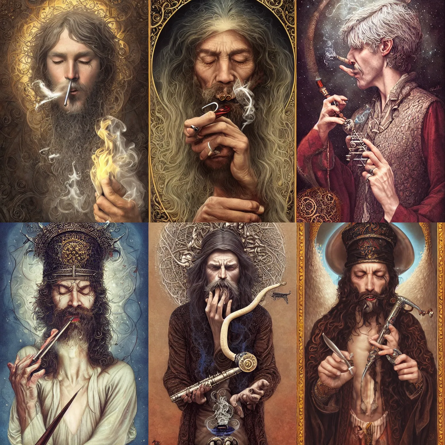 Prompt: wizard smoking a pipe of godly music, music in the air, ancient, closed eyes, highly detailed, perfect proportions, highly intricate, art by tom bagshaw and alex gray