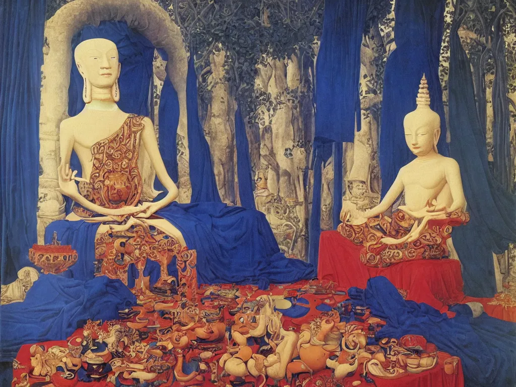 Image similar to Portrait of albino mystic with blue eyes, with Thai statue of the Buddha. Painting by Jan van Eyck, Audubon, Rene Magritte, Agnes Pelton, Max Ernst, Walton Ford