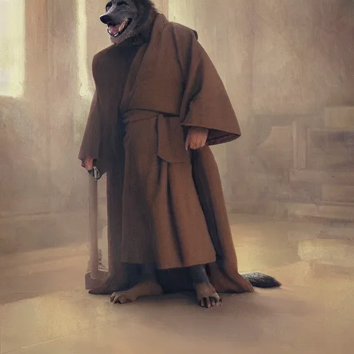 Image similar to attractive canine wolf wearing a monk robes holding invense burner. natural lighting by ruan jia, portrait