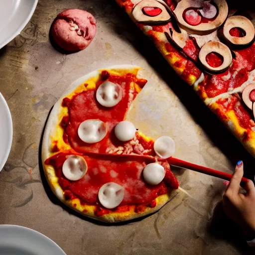 Prompt: clown pizza, clowcore, michelin star food, clowncore funohuse, photo by annie leibowitz