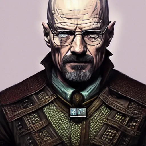 Image similar to Walter White as a Witcher, D&D, fantasy, intricate, elegant, highly detailed, digital painting, artstation, concept art, matte, sharp focus, illustration, hearthstone, art by Artgerm and Greg Rutkowski and Alphonse Mucha