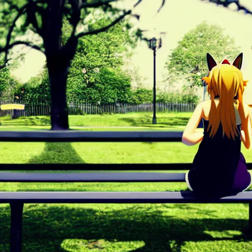 Image similar to 3 d photo of an anime girl with cat ears and long blond hair looking to her side sitting on a bench with a park behind her bokeh shader anime