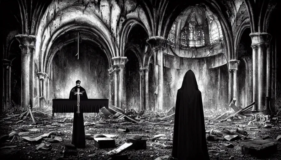 Prompt: a dark priest conducts a ceremony in the middle of a destroyed church, blood, religion, death, fear, horror, ultra realistic, hyperrealism, by giger, by marc simonettii, polaroid, bokeh, 4 k