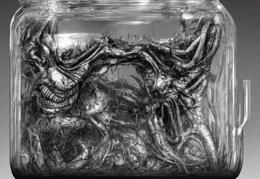 Image similar to Photorealistic miniature monster inside a jar on clean background by H.R. Giger, KDA and Sam Yang, trending on artstation