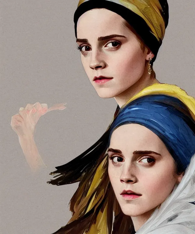 Image similar to Emma Watson as the girl with the pearl earring, highly detailed, digital painting, artstation, concept art, smooth, sharp focus, illustration, ArtStation, art by artgerm and greg rutkowski and alphonse mucha and J. C. Leyendecker and Edmund Blair Leighton and Katsuhiro Otomo and Geof Darrow and Phil hale and Ashley wood and Ilya repin and Charlie Bowater