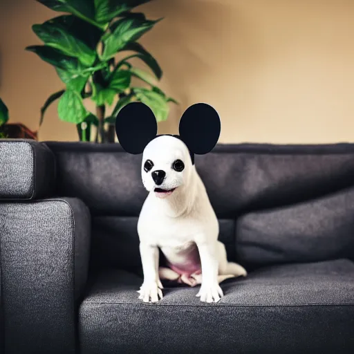 Image similar to a dog that looks like mickey mouse, white face, black body, black nose, black sharp ears, sitting down on a sofa, house plants in the background, indoors, dim light, photograph, 4 k, shot on iphone