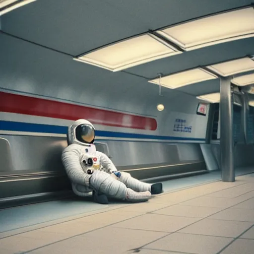 Image similar to a beautiful photo of an astronaut waiting in a subway station, 1970', soft light, morning light, photorealistic, realistic, octane, 8k, cinematic shot