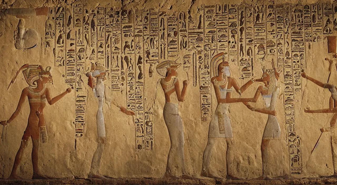 Prompt: Ancient Egyptian mural, tomb, fresco, register, hieroglyphics