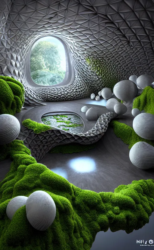 Image similar to highly detailed ultra sharp 3 d render villa interior cinematic composition of a smooth ceramic porcelain biomorphic magnolia stone nebula fluid fractal sci - fi surreal architecture landscape, granite, metallic, magnesium, marble, moss and lichen, vincent callebaut composition, mamou - mani, archviz, beautiful lighting, 8 k, unreal engine, hdr,