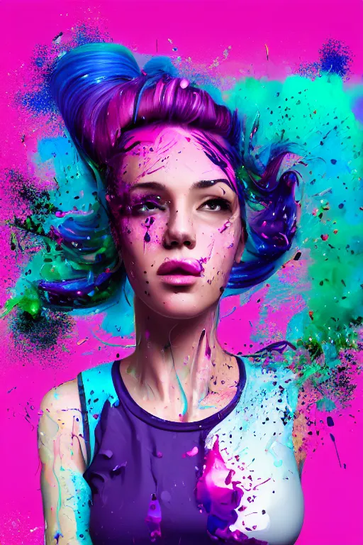 Image similar to a award winning half body portrait of a beautiful woman in a croptop and cargo pants with ombre purple pink teal hairstyle with head in motion and hair flying, paint splashes, splatter, outrun, vaporware, shaded flat illustration, digital art, trending on artstation, highly detailed, fine detail, intricate