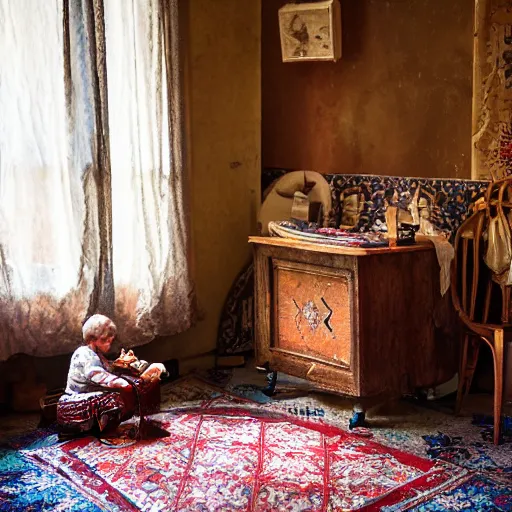 Prompt: A dark kitsch-filled dusty parlor brightened by a morning sunbeam with floating dust particles, a small tattered Persian rug is on the floor, a little child\'s tricycle is parked in the corner of the room, cinematic, vignette, ultrarealistic, photograph, natural lighting