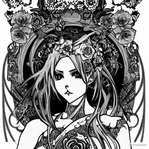 Image similar to anime manga skull portrait girl female tattoos skeleton illustration detailed style by Alphonse Mucha pop art nouveau detailed pattern