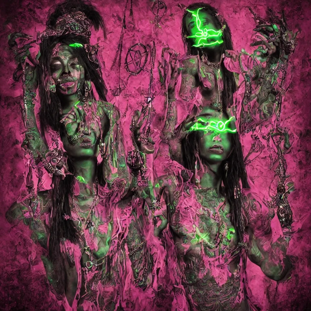 Image similar to dark voodoo priestress with neon tattoo sigils performing a sacred ritual, dark eerie backdrop, realistic digital art, inside a dark evil temple, polaroid pic by hyperrealism