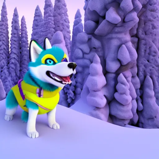 Image similar to snow rescue husky, cyan and purple snow suit, yellow headband, purple and cyan snowmobile, 3 d model, cartoony, pixar style, artstation, unreal engine, on a mountain, noon, 4 k, ultra quality