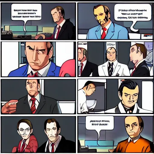 Image similar to better call saul scene in the style of ace attorney